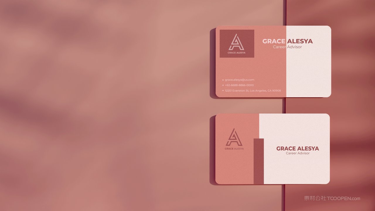 粉色高级两张名片光影场景样机
