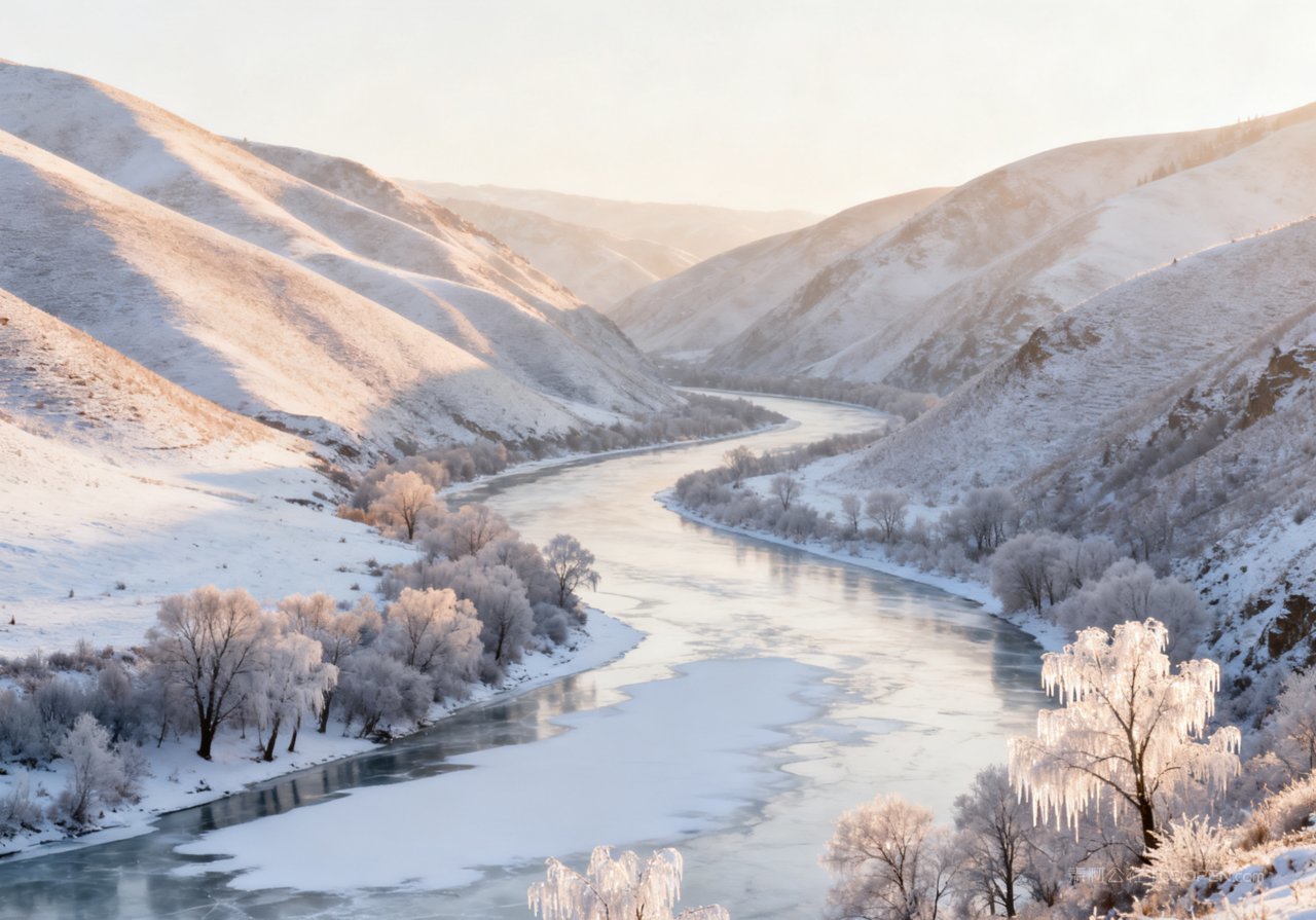 山峰河流天空雪景风景冬季山水冬天