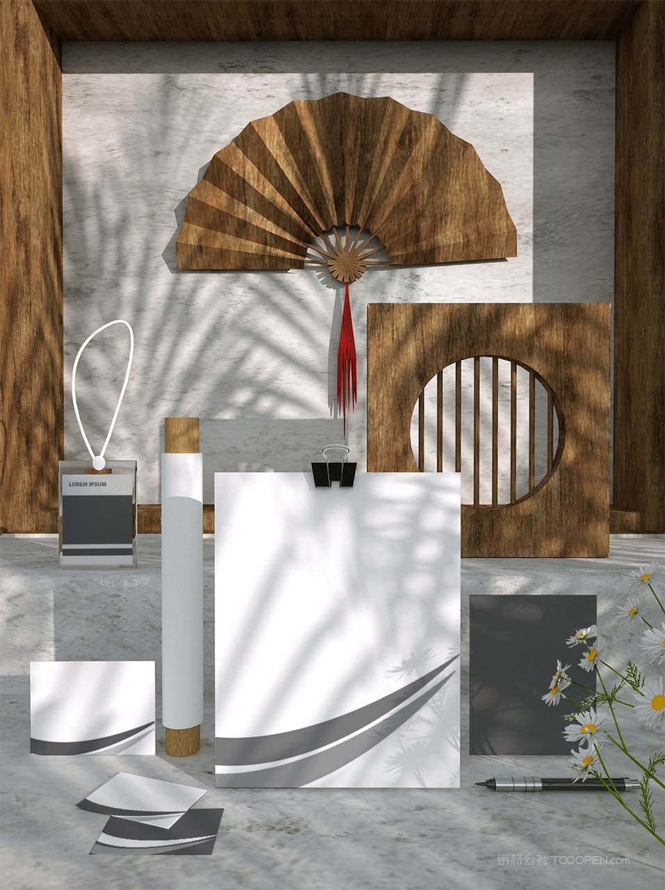 中国红国潮办公用品扇子元素样机 (1)