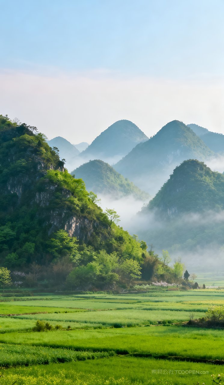 春天天空河流山水自然唯美意境山峰风景
