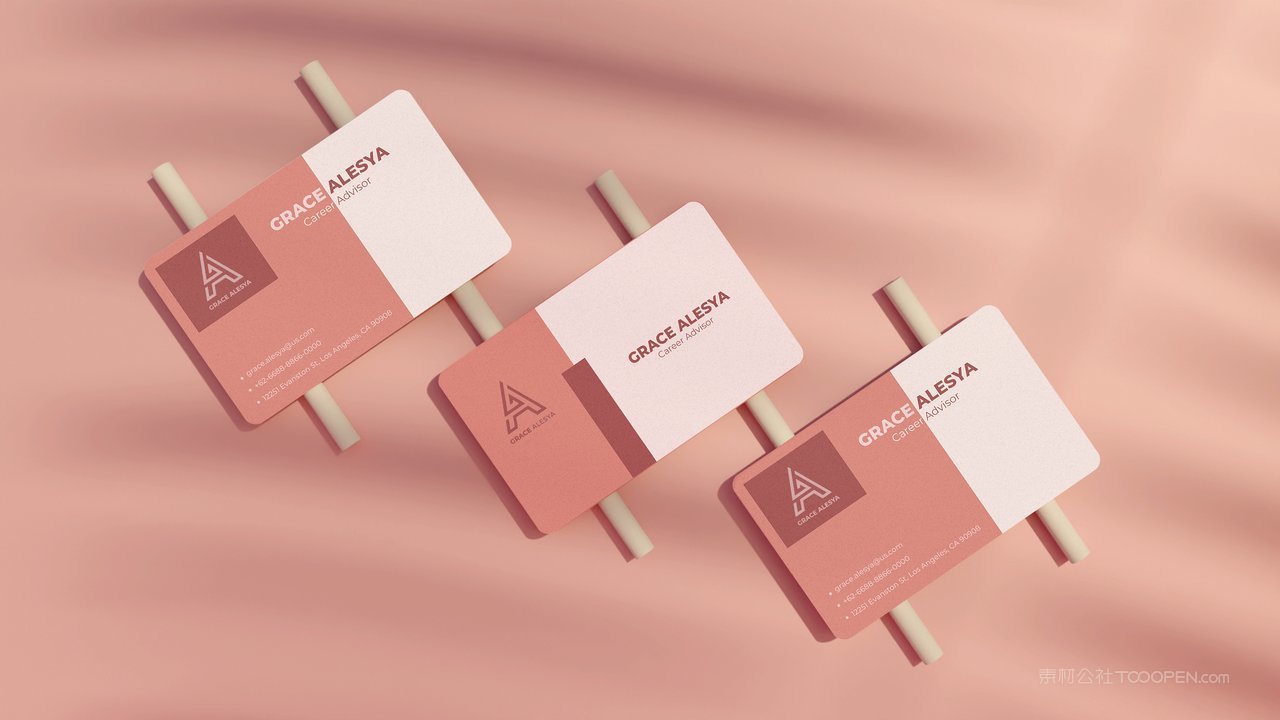 三张粉色高级名片光影场景样机