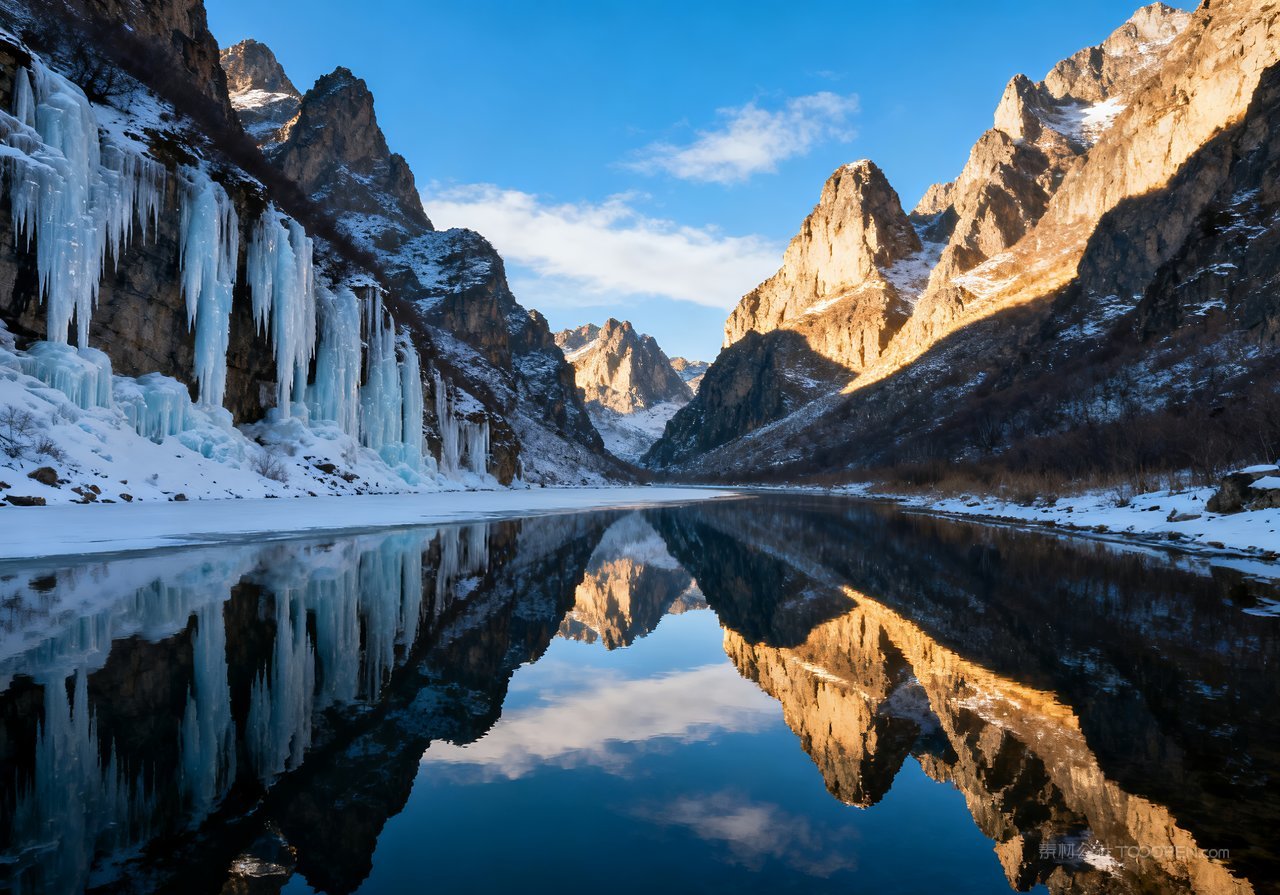 冬天风景冬季山水自然唯美山峰雪景河流