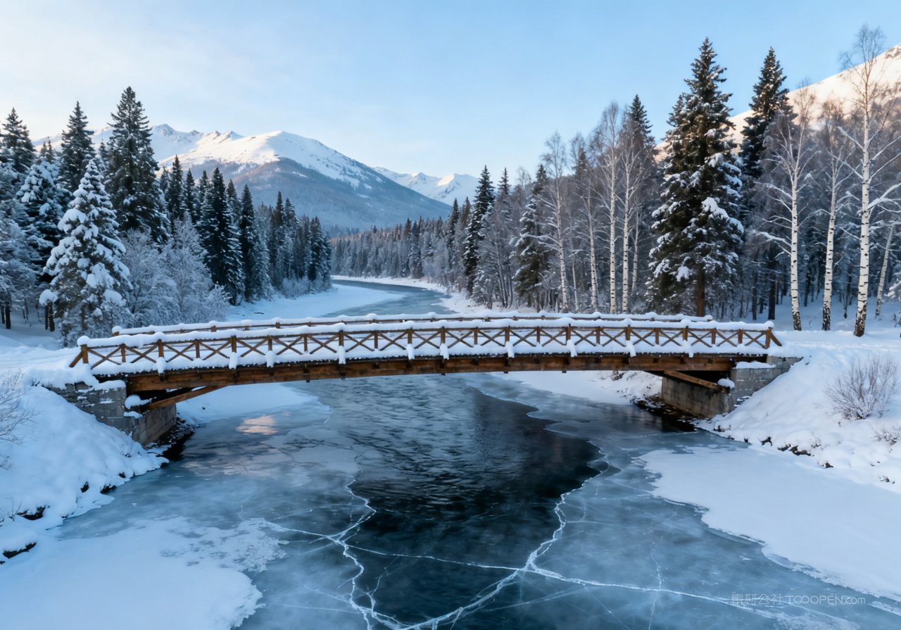 河流雪景冬季山峰风景山水天空冬天