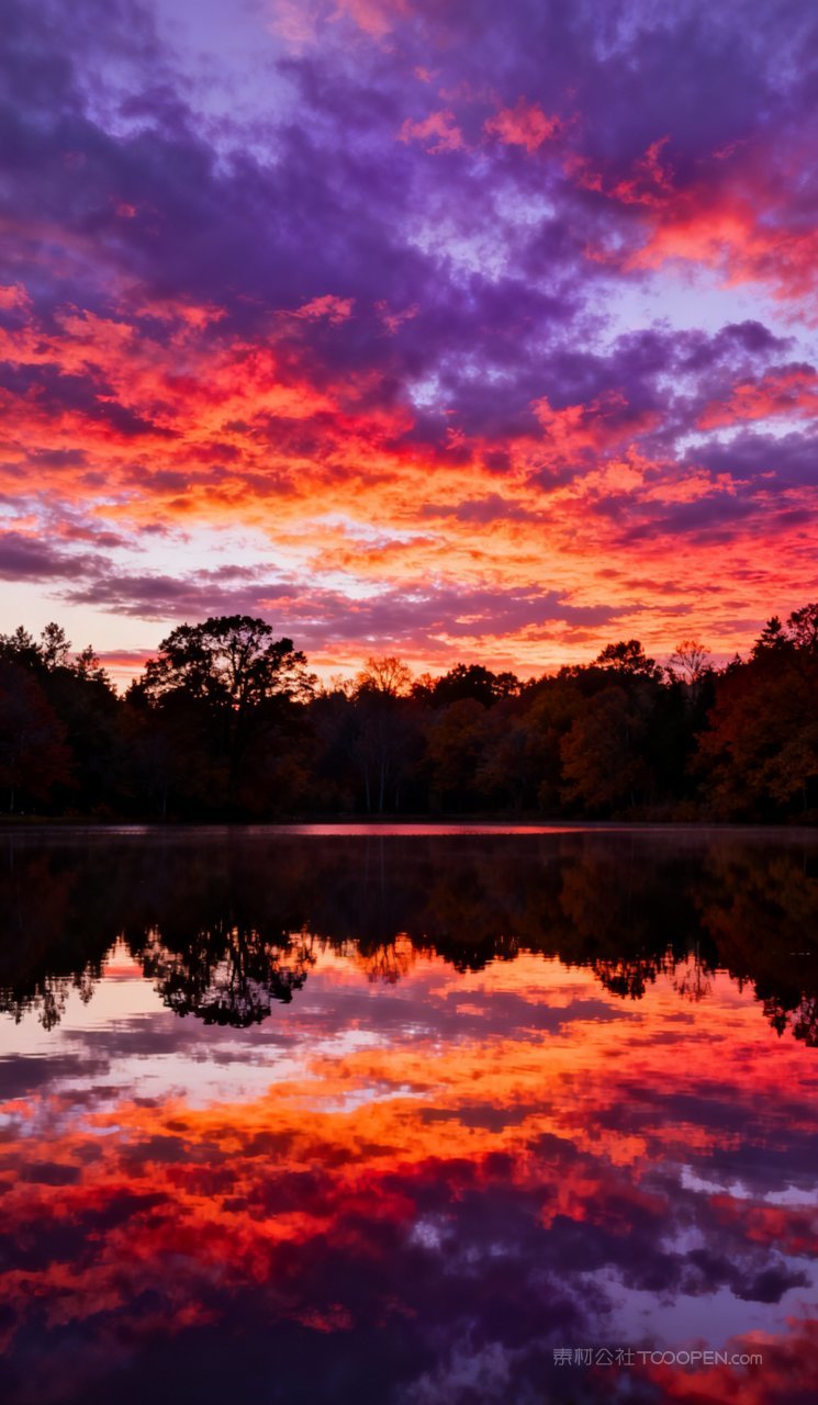 天空秋天山水树木湖泊秋季风景唯美山峰
