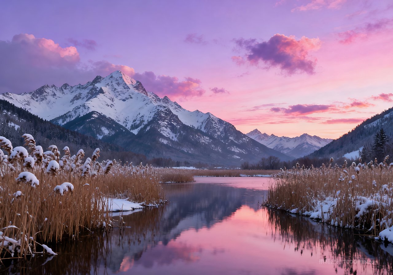 山峰唯美风景山水自然河流冬天雪景冬季