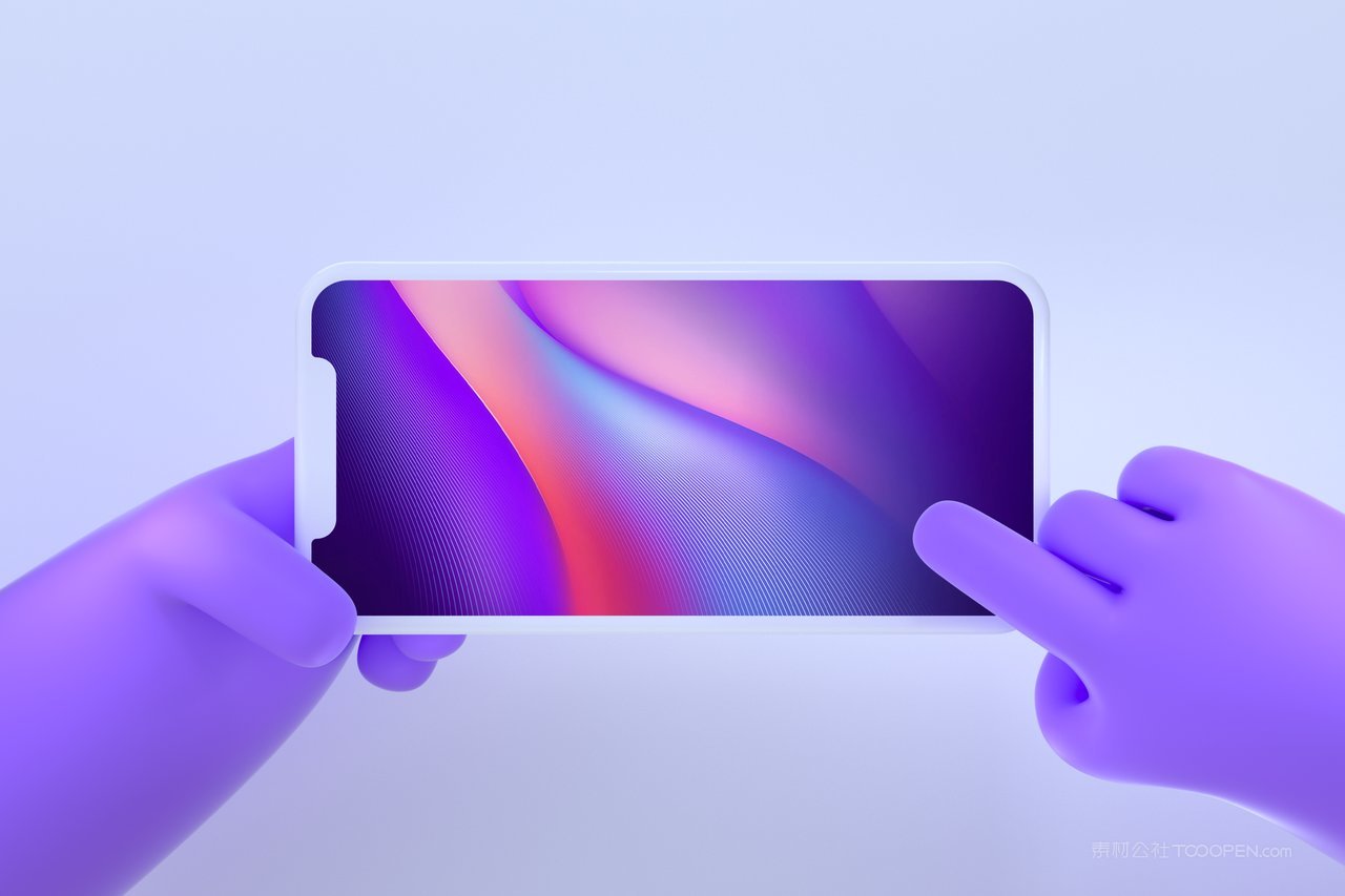 c4d立体卡通紫色手持横屏手机样机