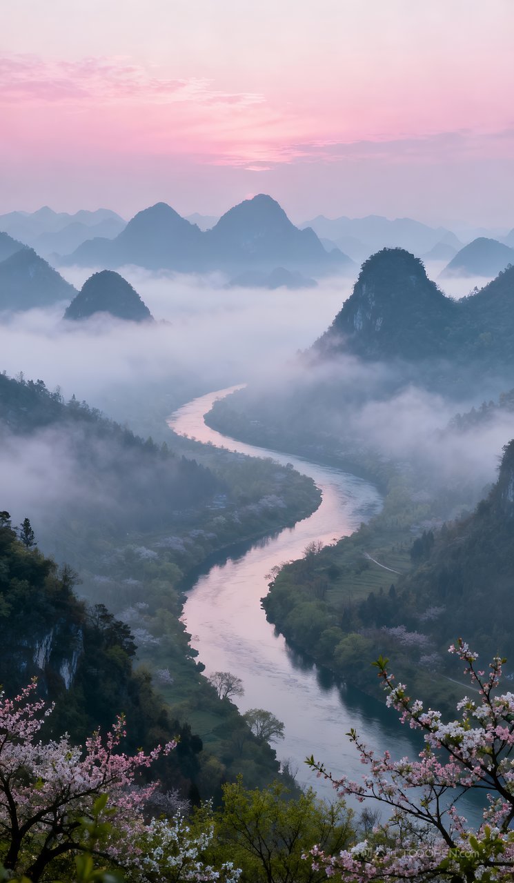 山水河流山峰天空春天唯美意境自然风景