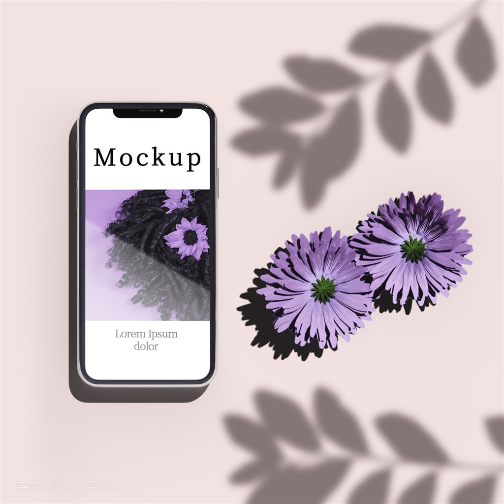 带鲜花和阴影的手机贴图样机