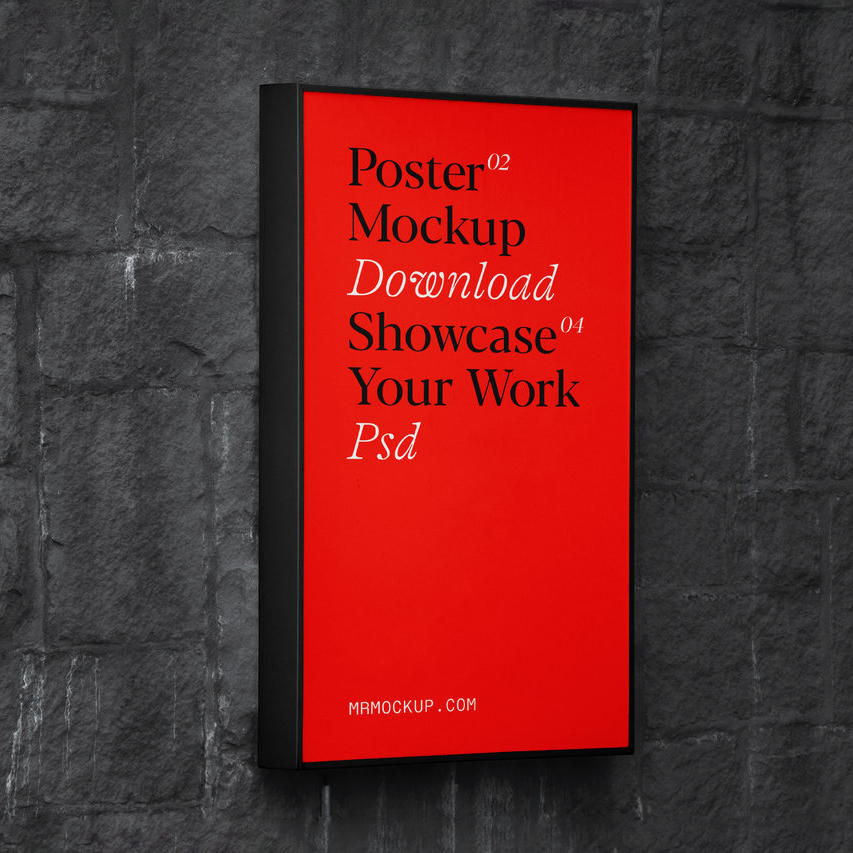 黑色砖墙上的海报模型样机户外灯箱广告样机