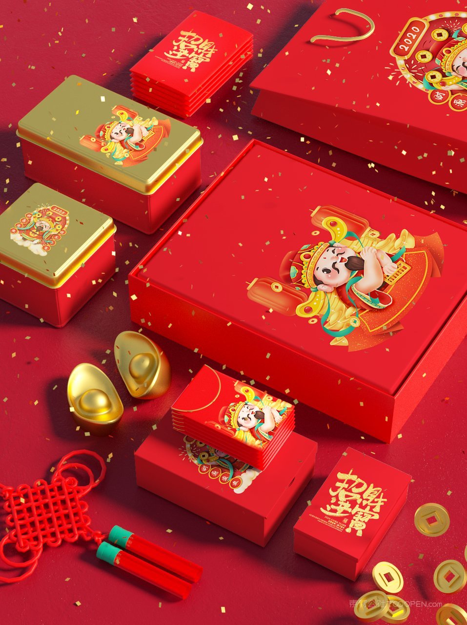 中国红国潮财神文创贺岁年货红色礼盒样机