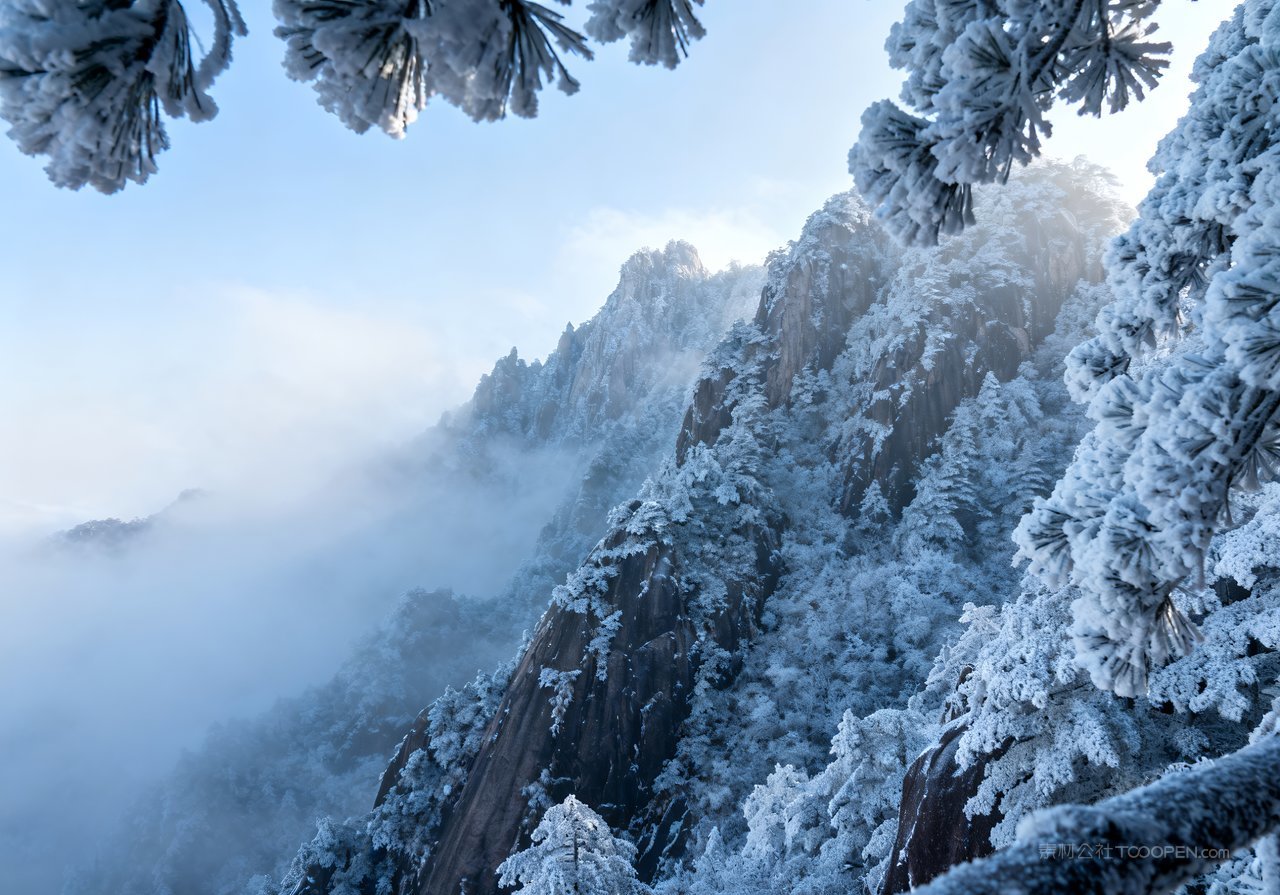 风景唯美河流冬季山水冬天雪景自然山峰