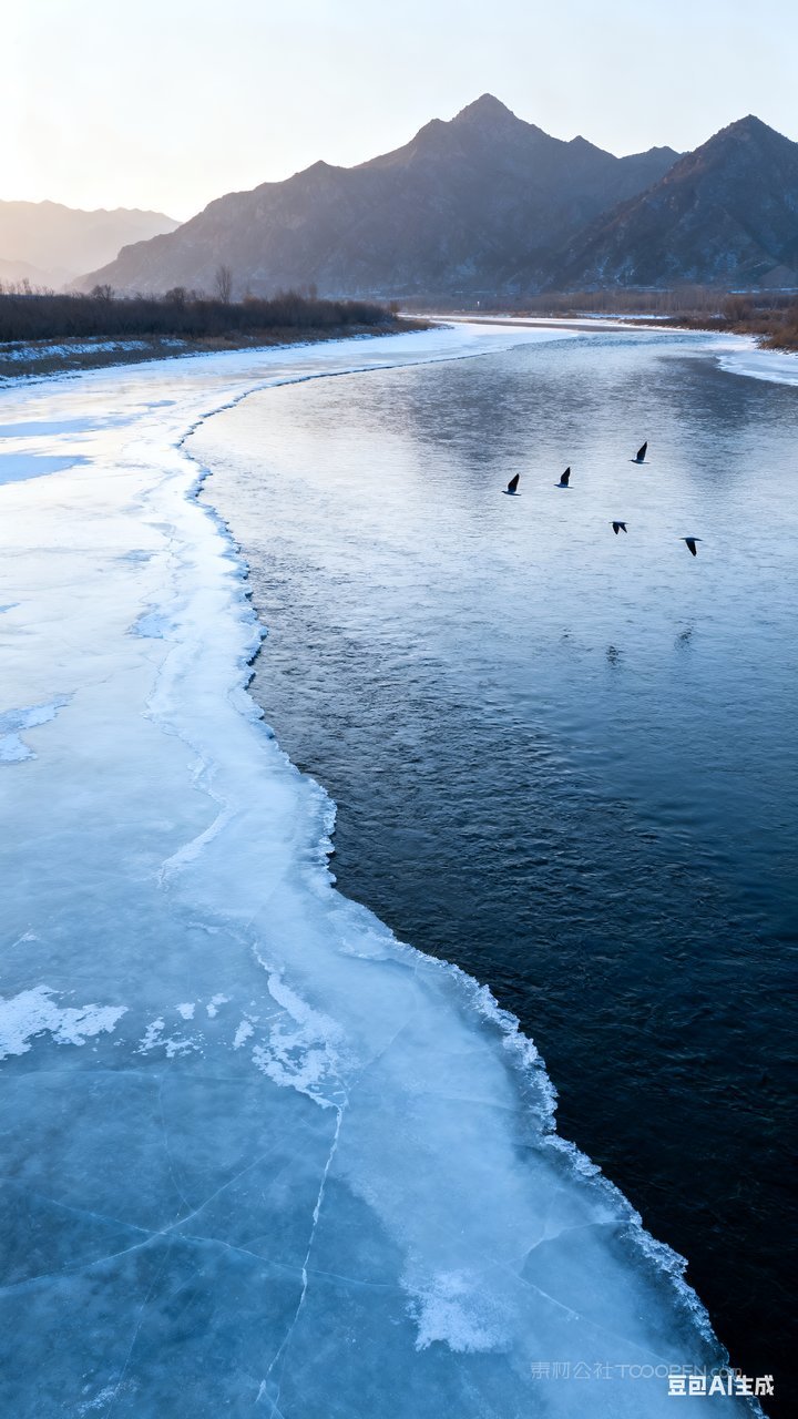 山峰山水冬季唯美河流风景冬天雪景