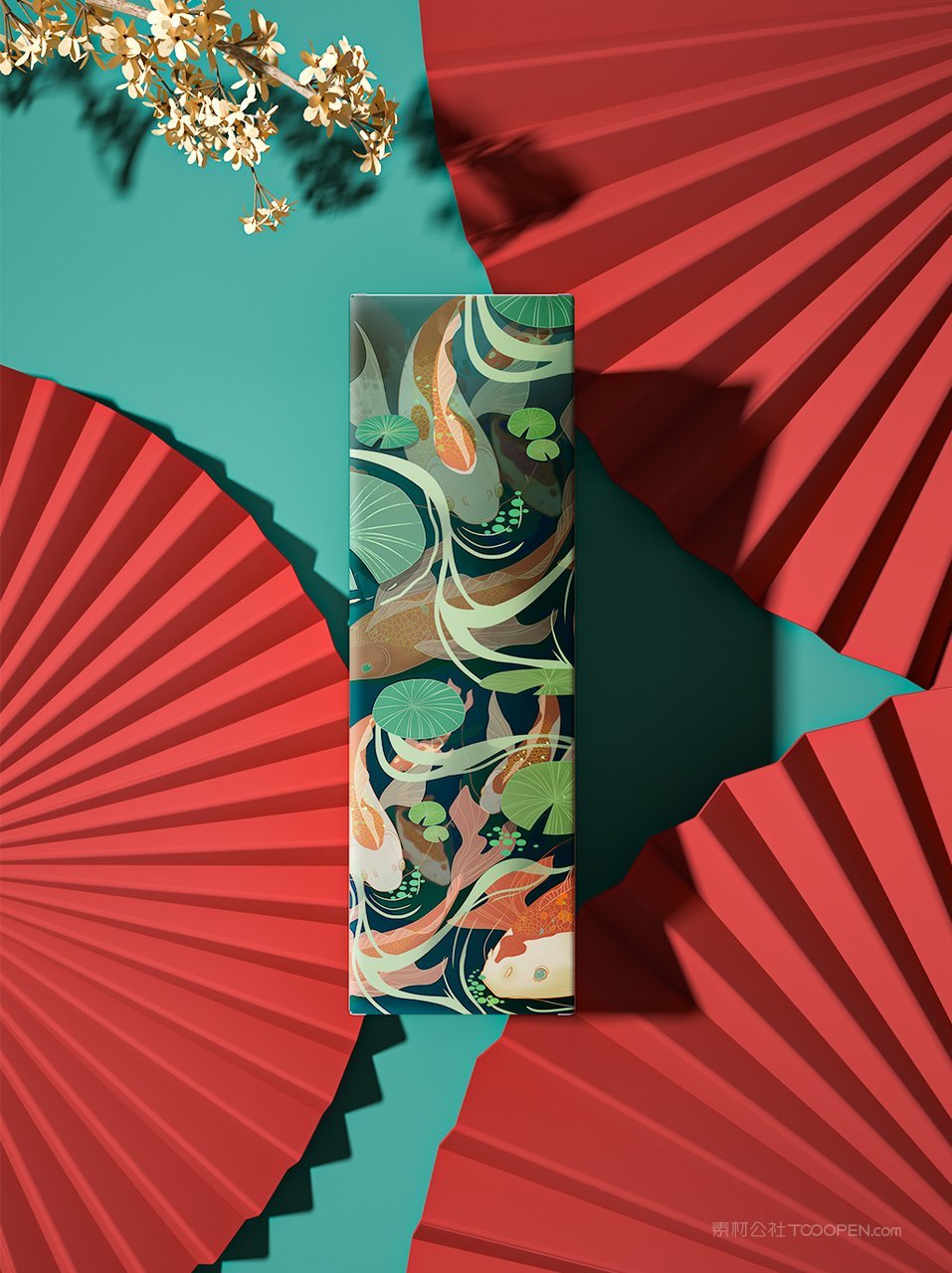 中国红国潮文创贺岁锦鲤扇子元素样机