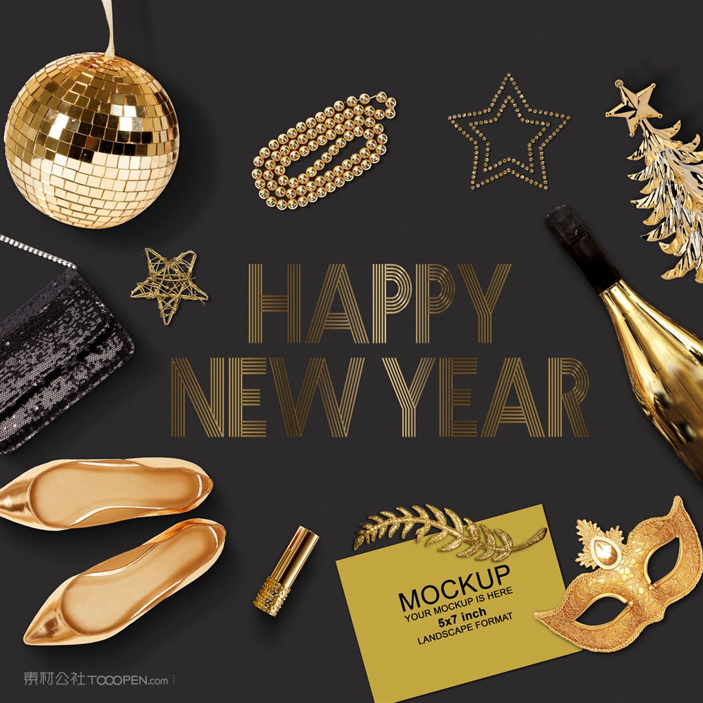 金色圣诞树球五星项链鞋面具贺卡场景样机