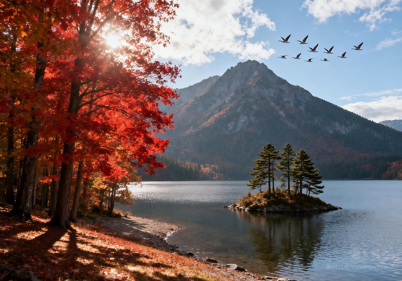 山峰天空秋季唯美意境青山山水湖泊