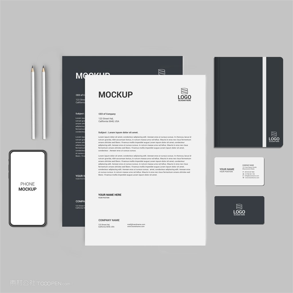 黑色企业办公用品vi名片商务文档贴图样机
