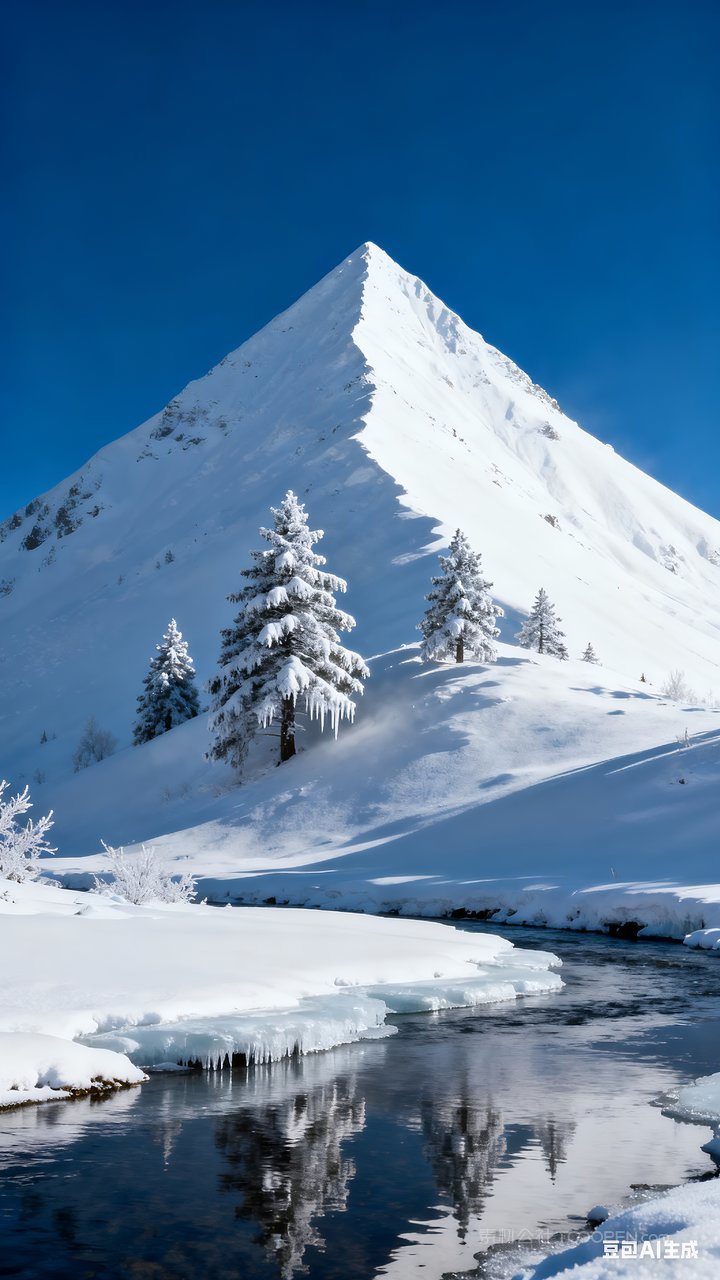 唯美冬季河流雪景冬天山水山峰风景