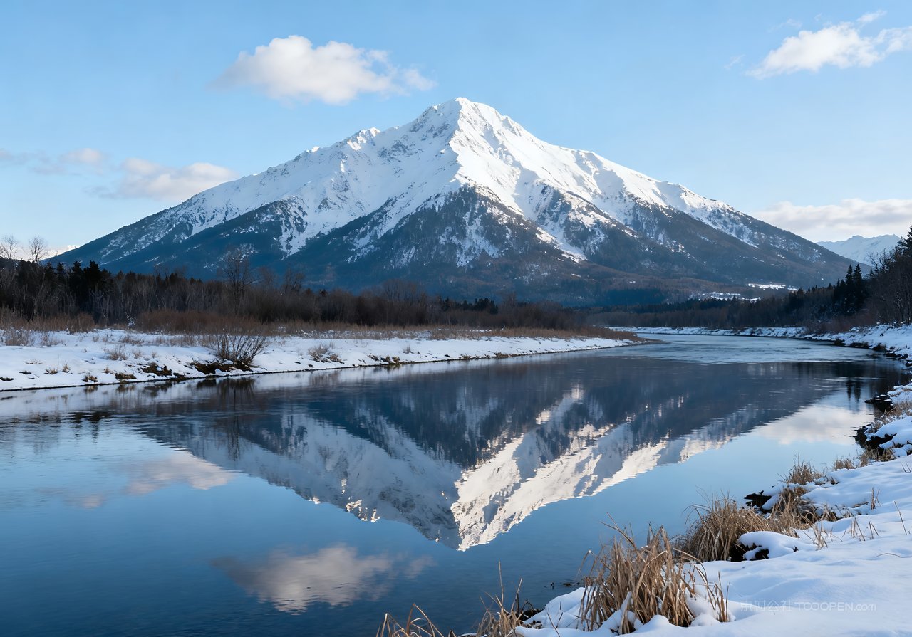 河流风景山峰冬季自然唯美山水雪景冬天