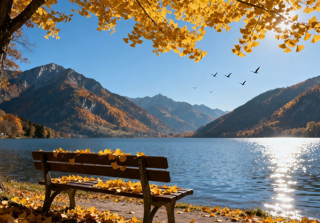 唯美秋天天空意境山峰湖泊山水