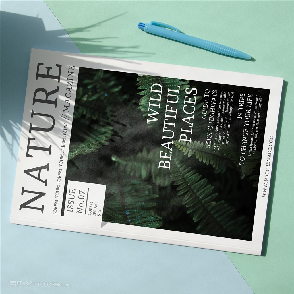 放在蓝绿色背景上的自然杂志样机