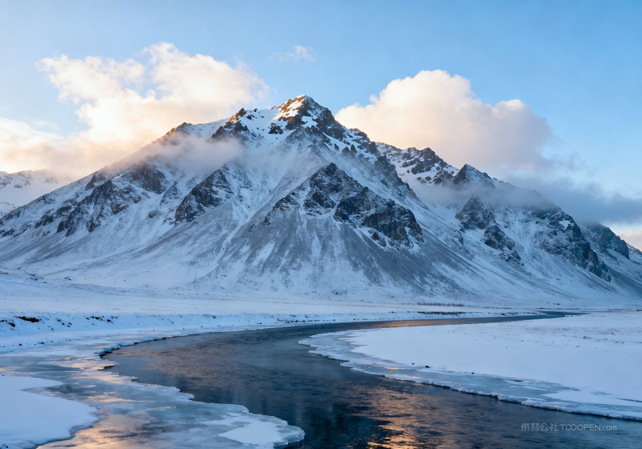 自然河流山峰山水唯美冬季雪景风景冬天