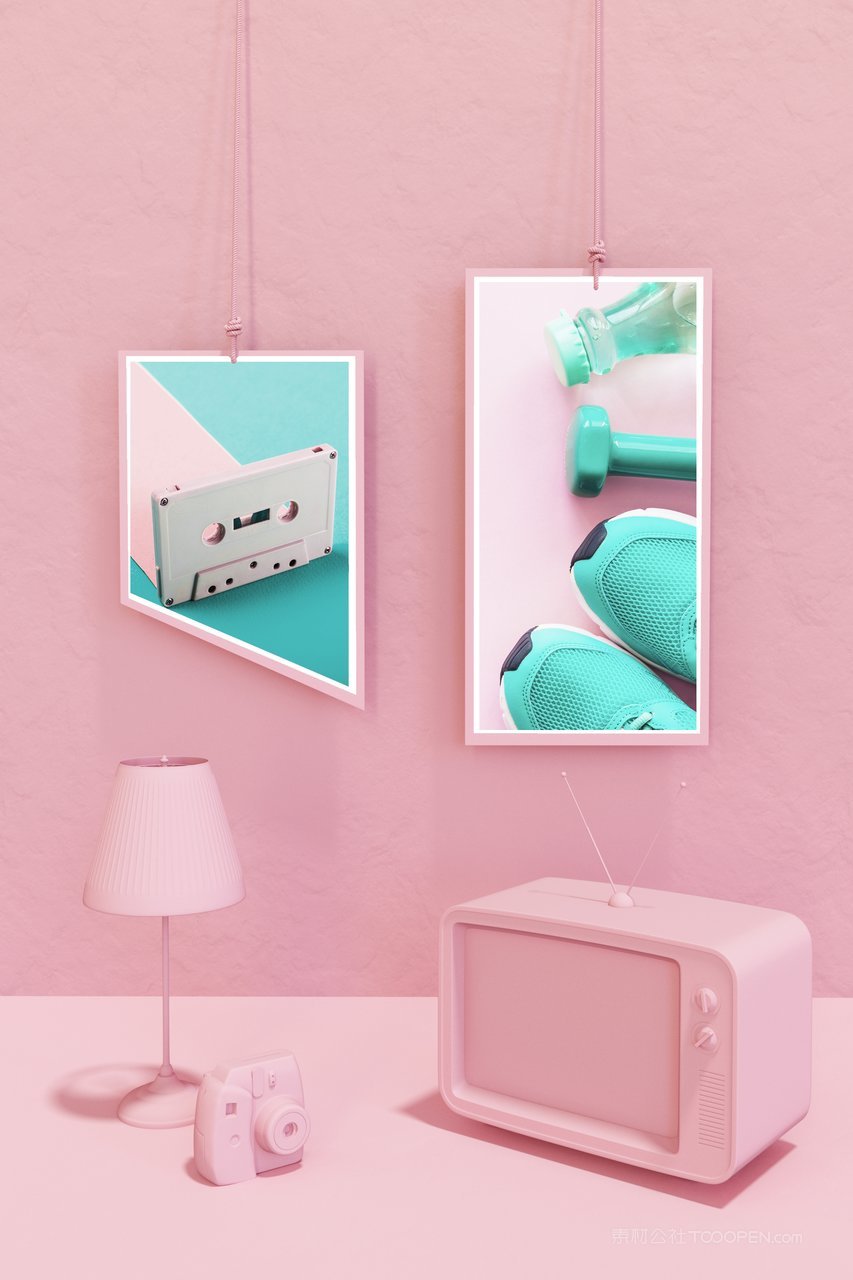 ins风粉色室内空间场景海报相框样机 (4)