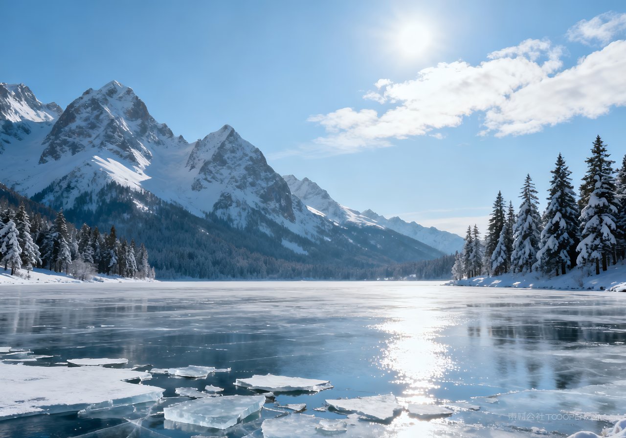 河流冬天山水风景山峰唯美雪景冬季