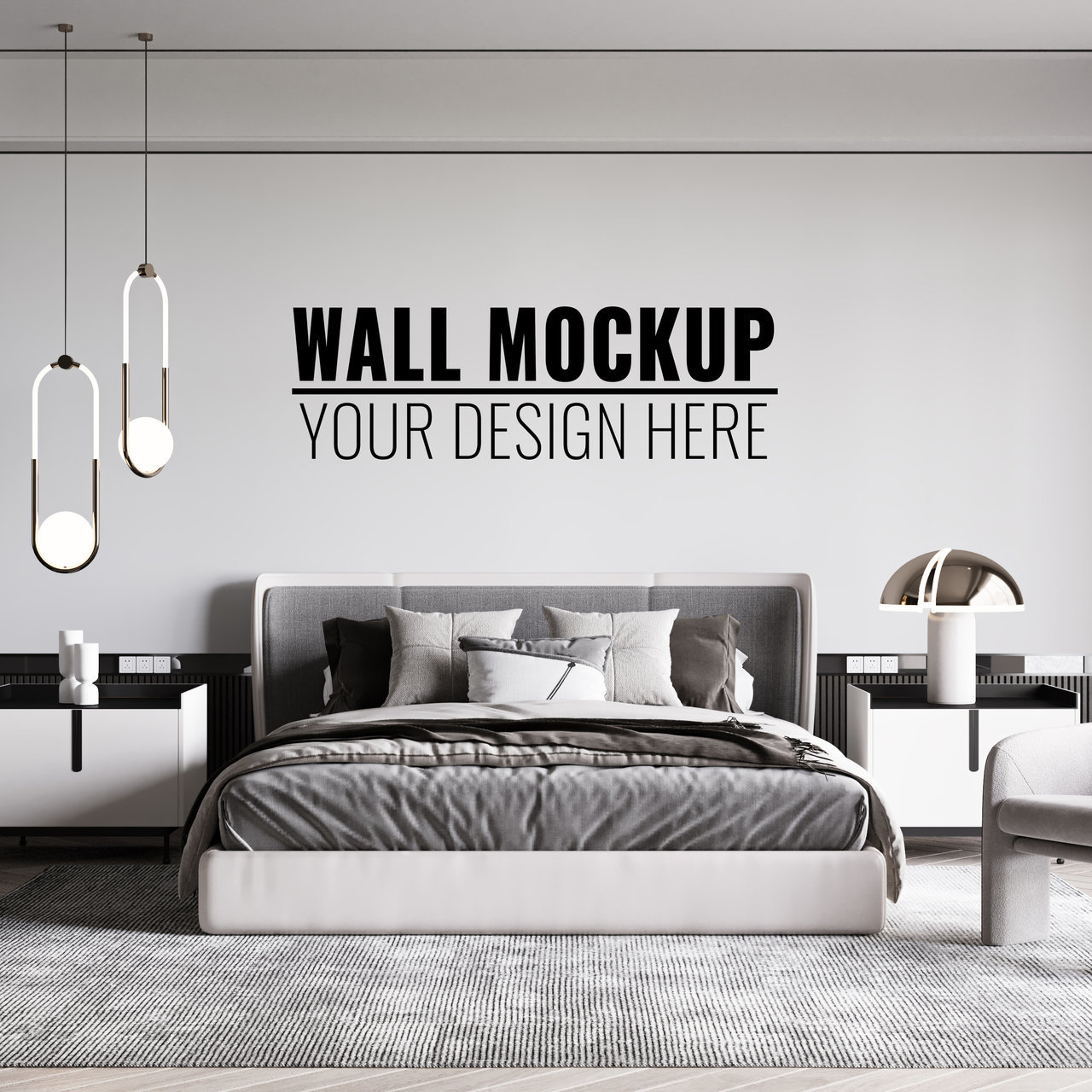 现代简约风格卧室背景墙贴图样机