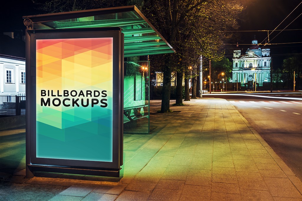 站台候车亭街头户外T牌灯箱广告牌样机图片场景下载