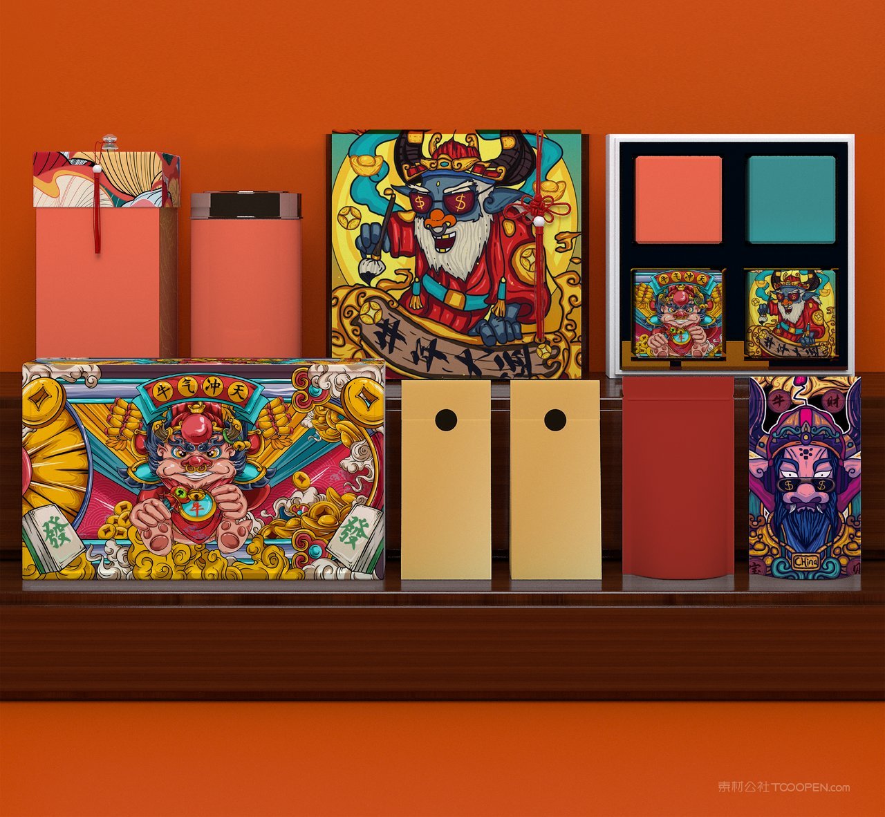 中国红国潮文创贺岁包装年货红色礼盒样机