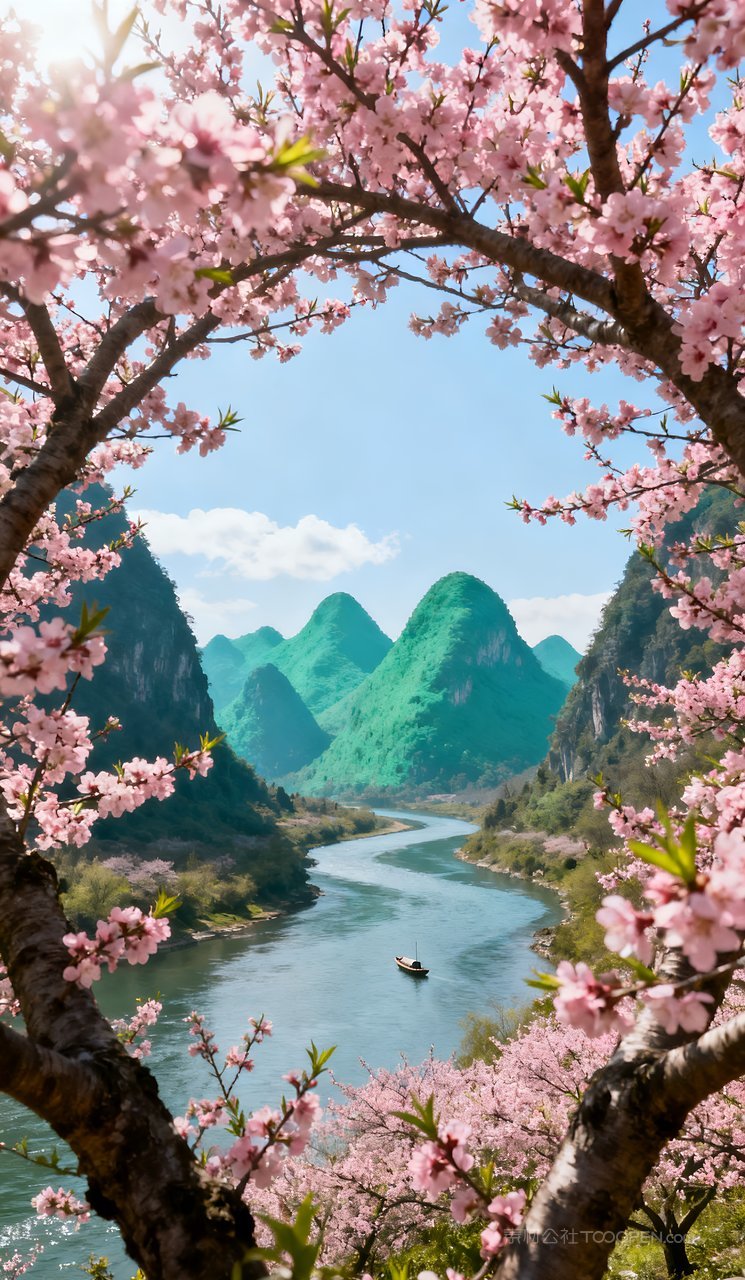 天空春天唯美自然风景山峰河流山水意境