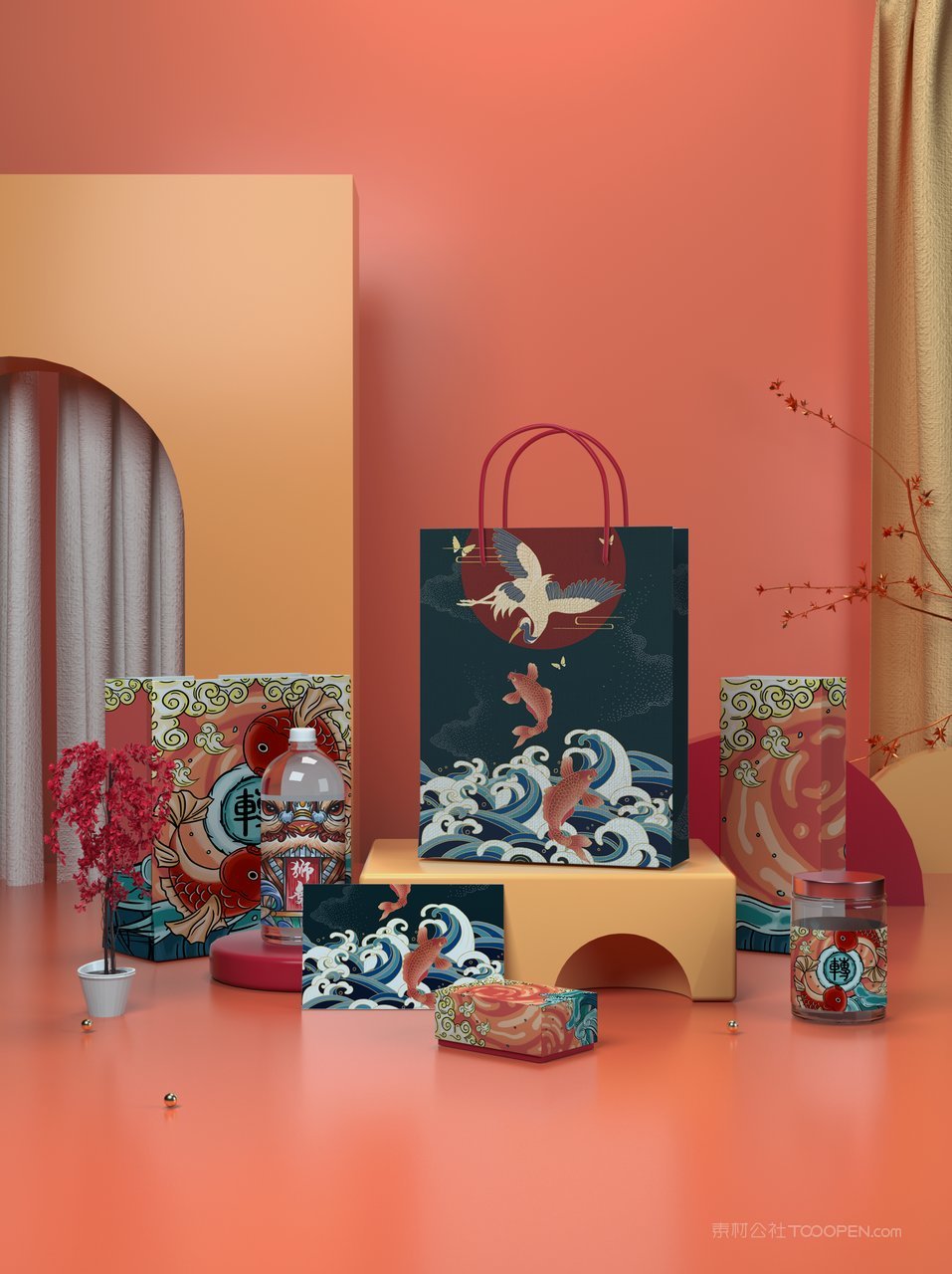 中国风浪花仙鹤国潮文创样机