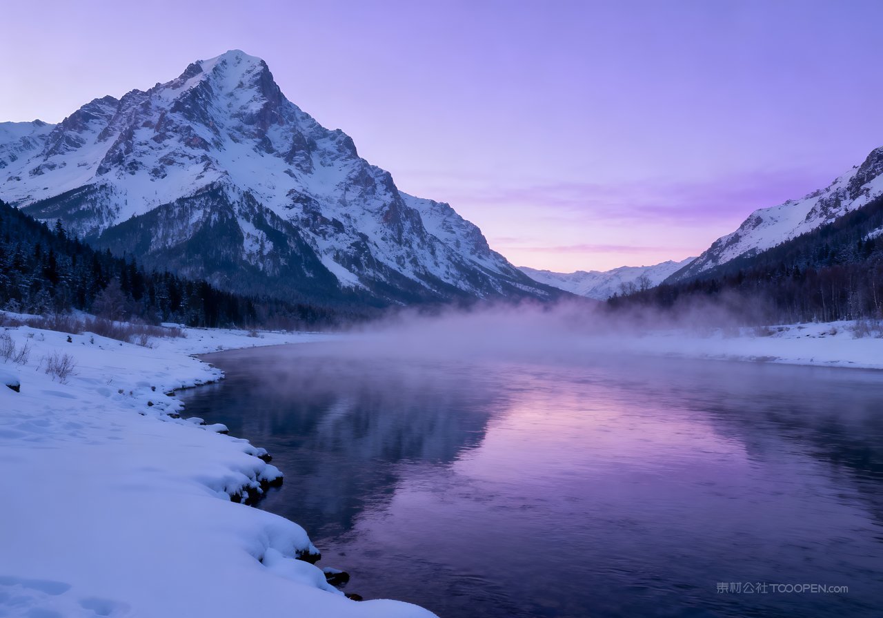 风景山峰山水冬季河流唯美自然冬天雪景