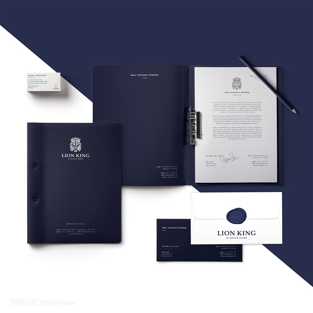 蓝色简约轻奢办公用品vi文件夹信封名片贴图样机