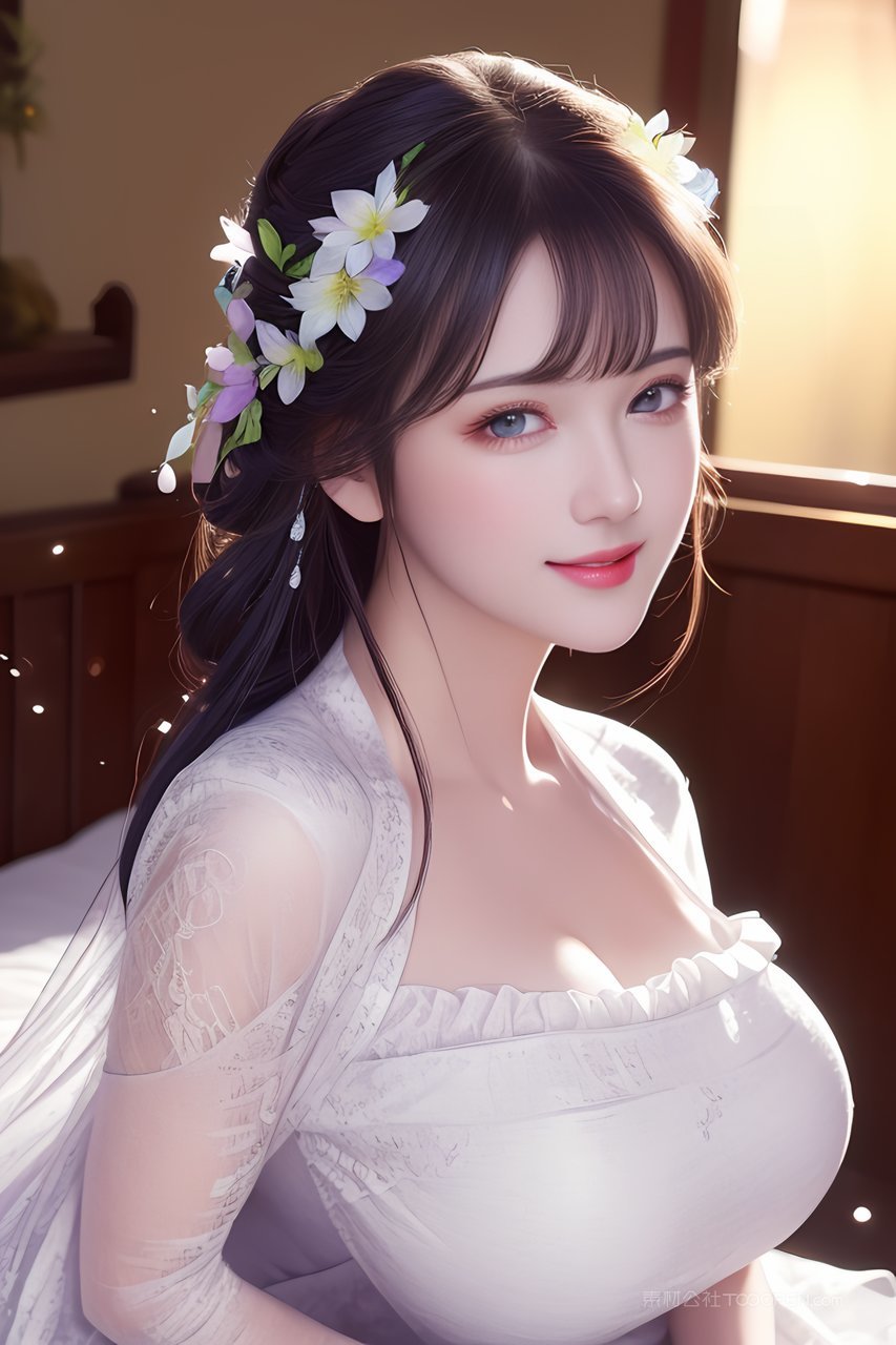 头戴鲜花装饰的ai性感大胸美女居家照