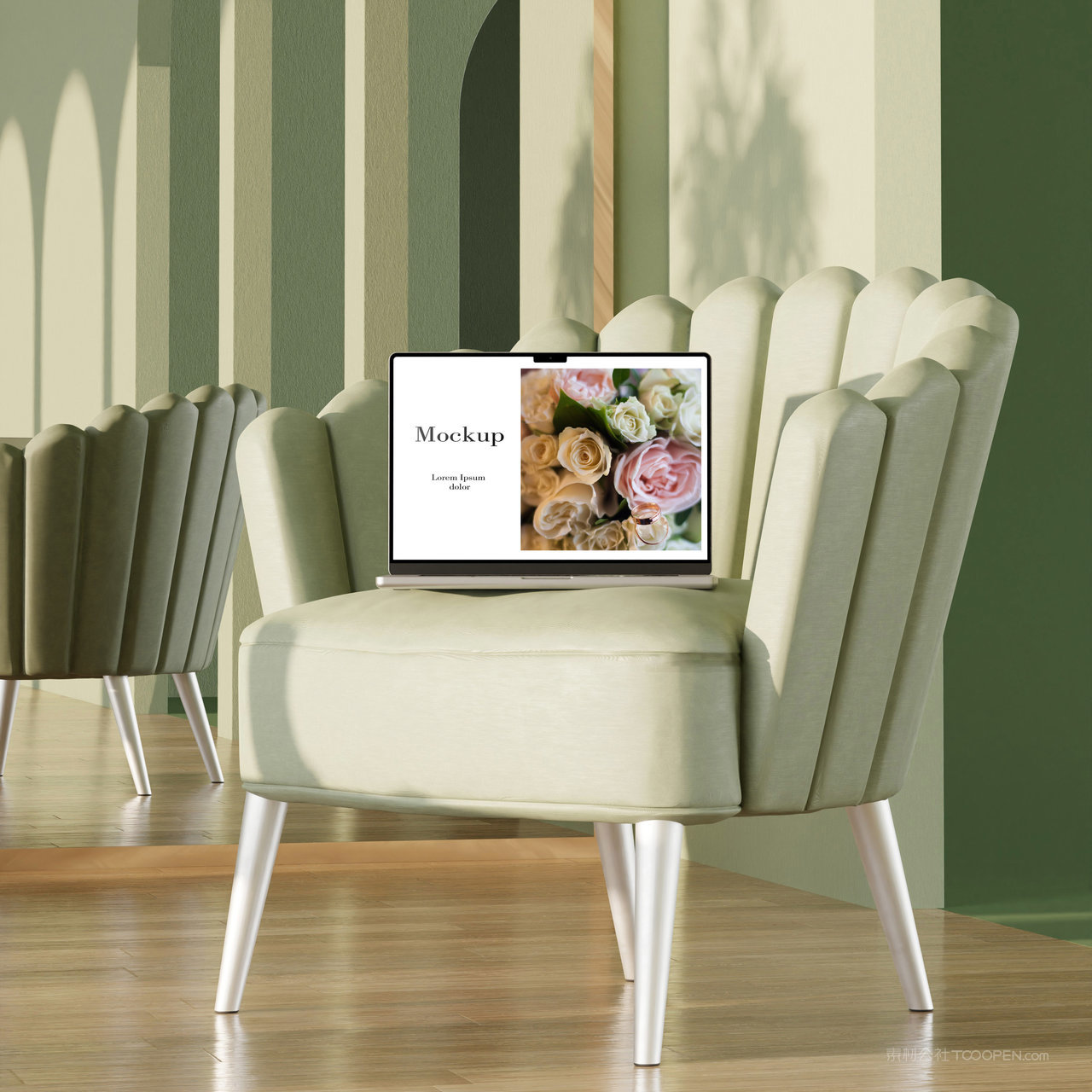 绿色沙发上的笔记本电脑贴图样机