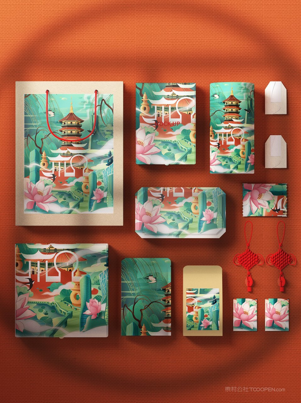 中国红国潮文具礼盒文创贺岁年货红色礼盒样机