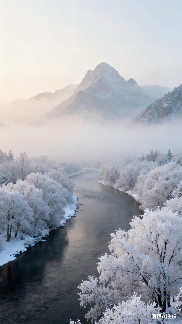 雪山雪景风景唯美冬季山峰河流冬天山水