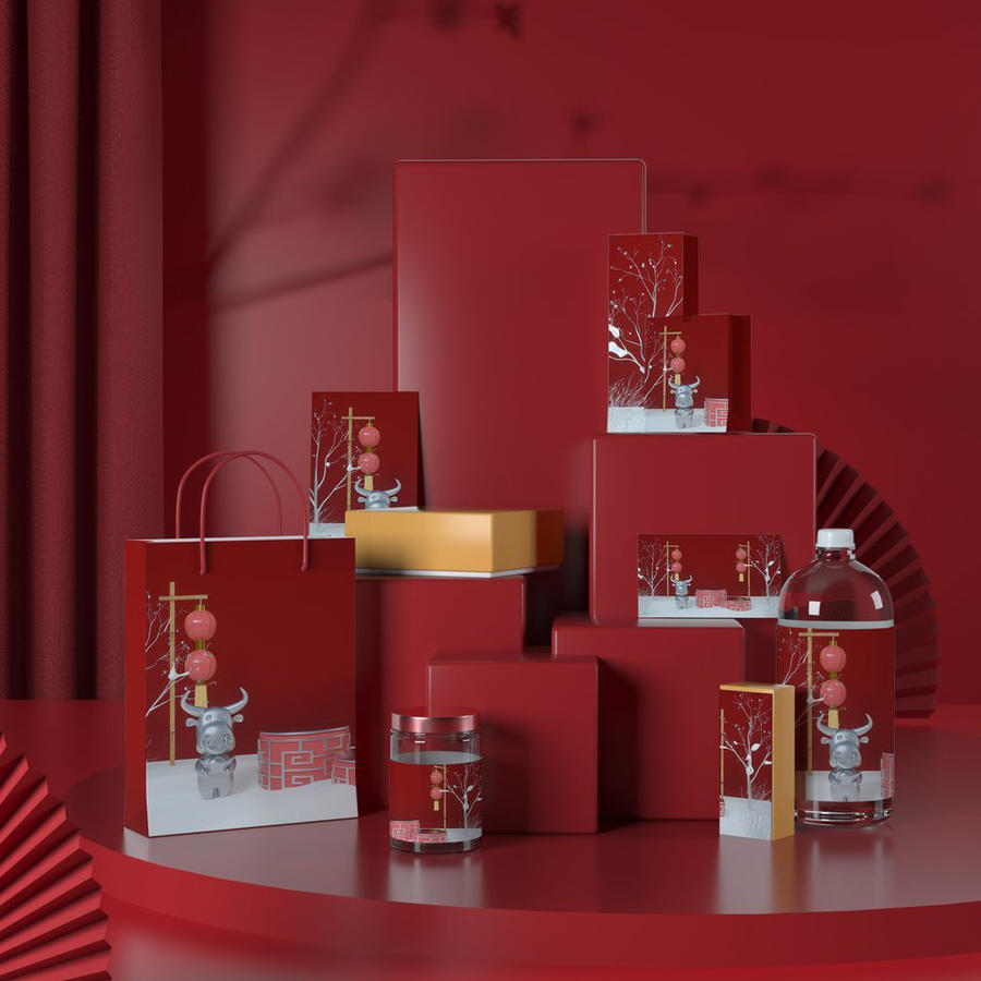 中国红国潮贺岁年货红色礼盒样机