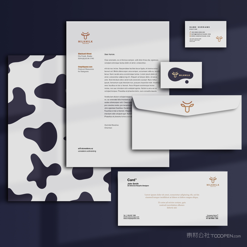 乳制品VI文档名片信封信纸贴图样机