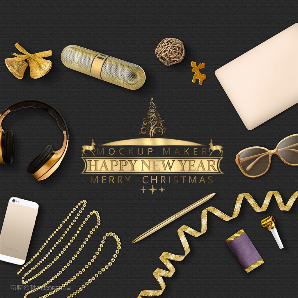 金色话筒铃铛耳机笔眼镜场景样机
