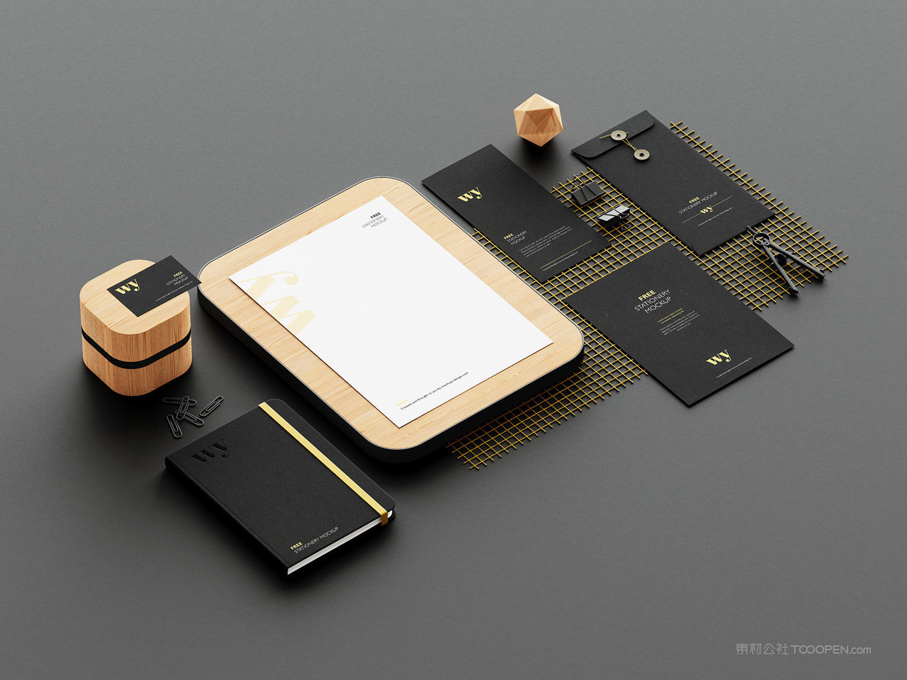 高端黑色背景名片折页信封笔记本A4单页VI样机贴图素材二