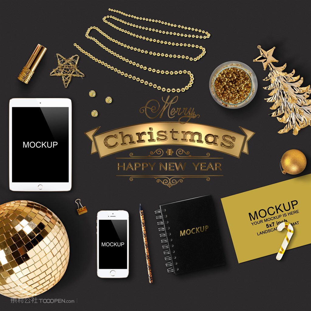金色iPad电脑iPhone手机球贺卡圣诞树五星笔记本场景样机
