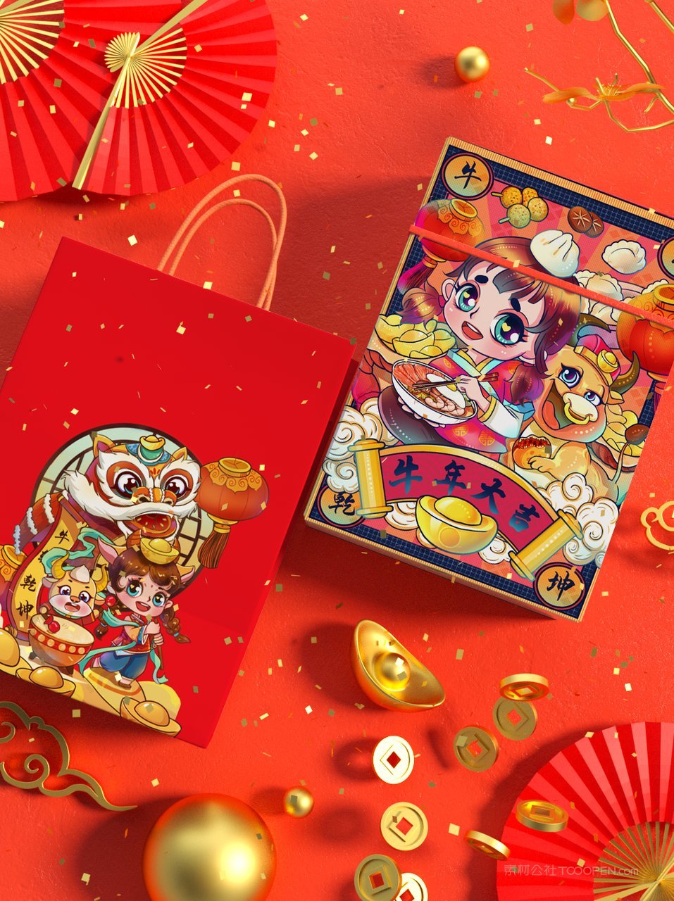 中国红国潮舞狮文创贺岁年货礼盒样机