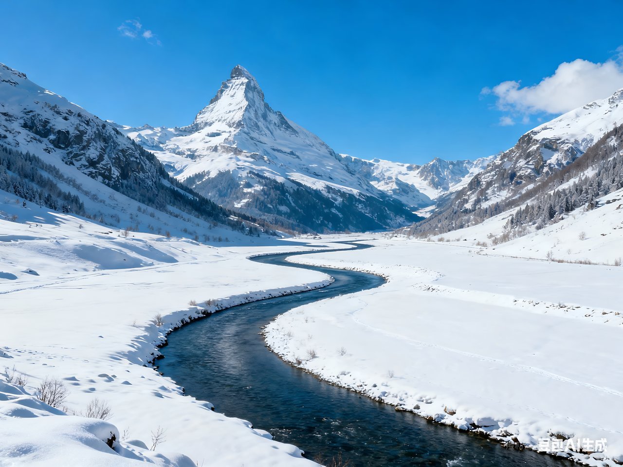 山峰冬季山水风景雪景冬天唯美河流