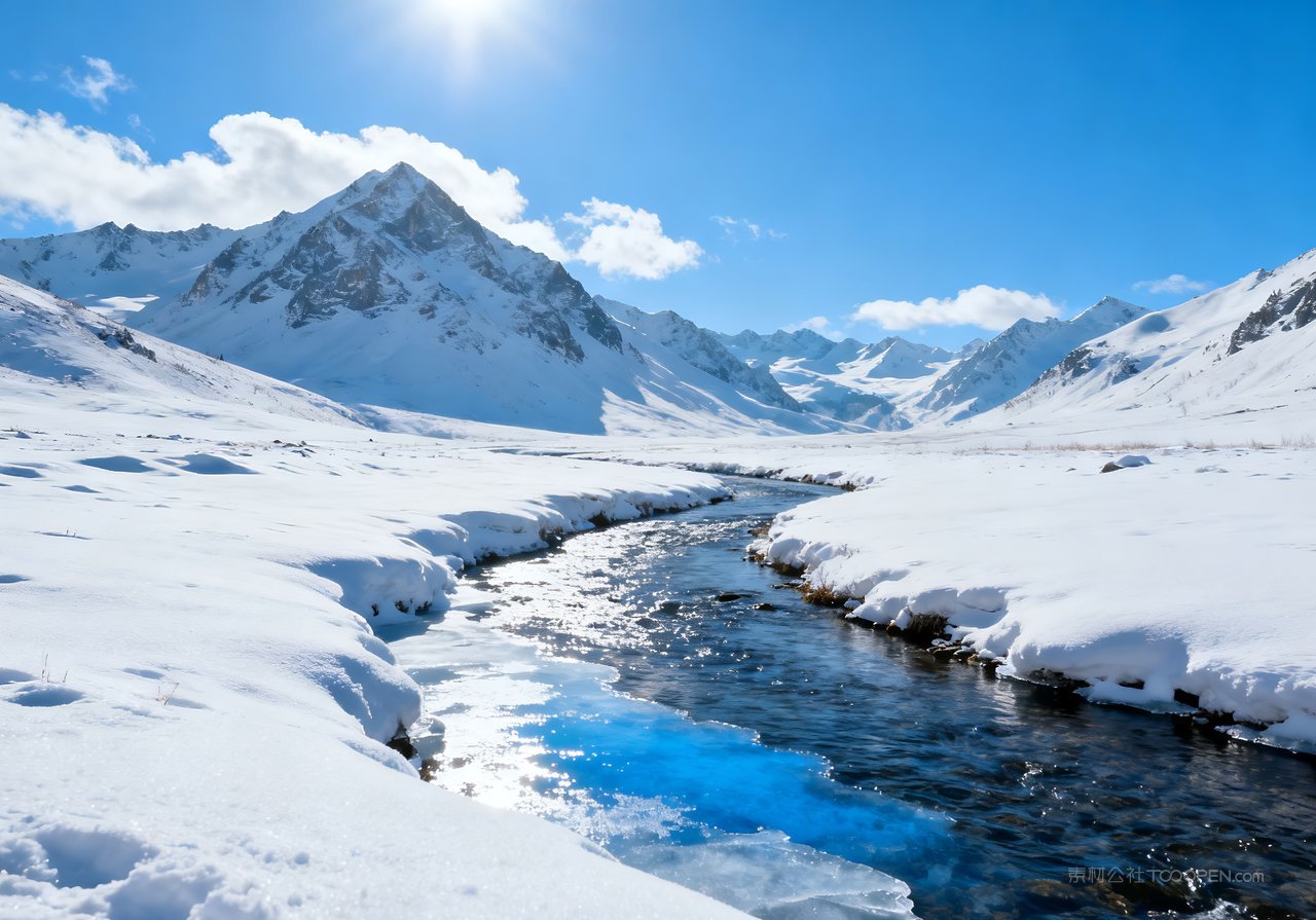 山峰唯美自然雪景风景冬天河流冬季山水