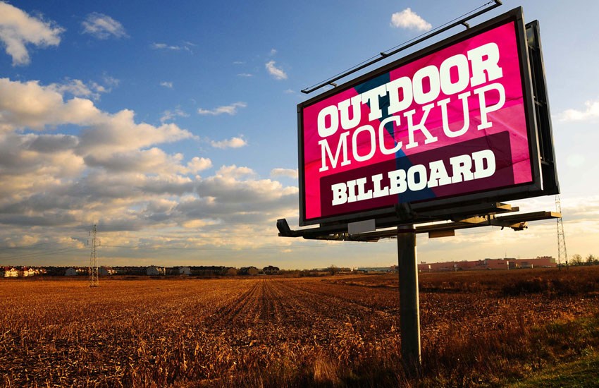 蓝天白云下田野上立柱广告牌样机模板