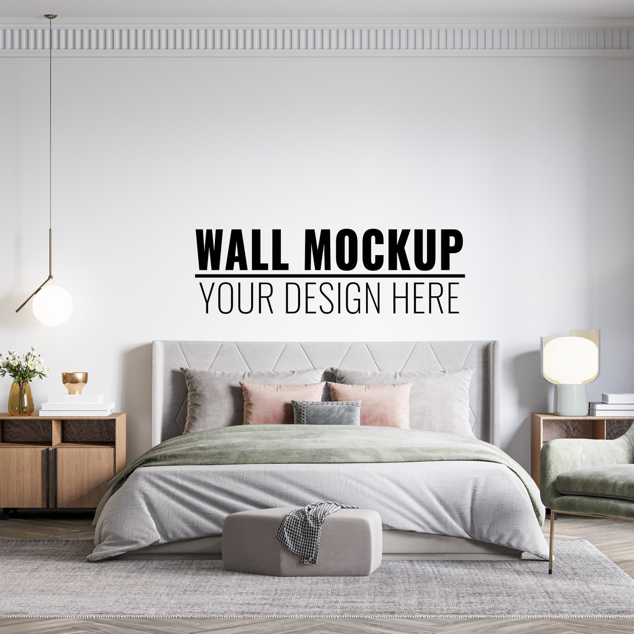 床头背景墙正视图墙面装饰贴图样机