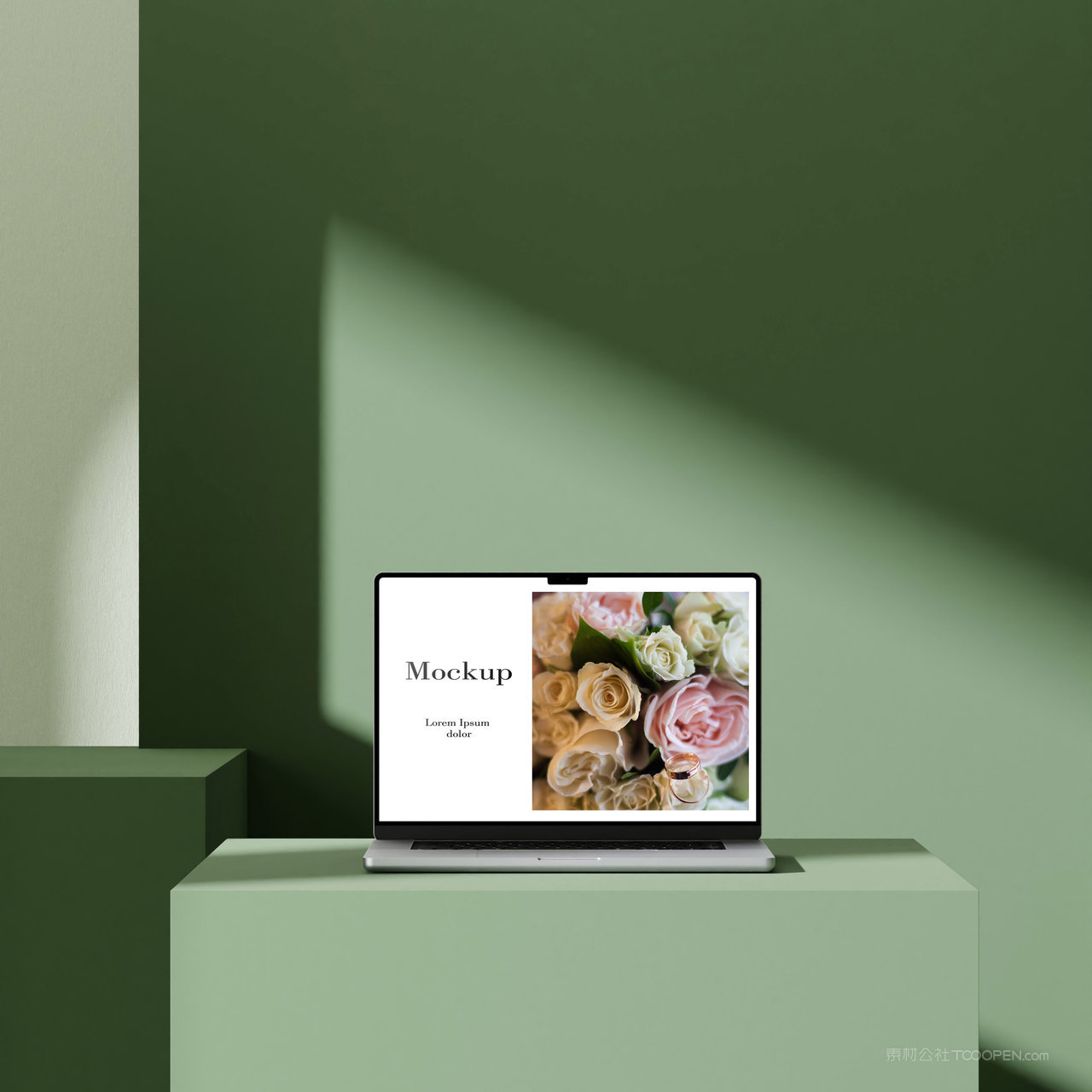 光影效果展示台上的笔记本电脑贴图样机