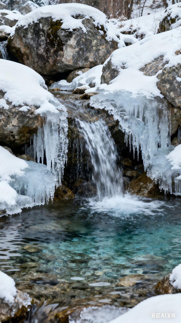 唯美冬天山峰冬季雪山山水河流雪景风景